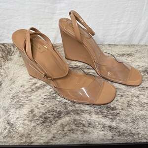 Larroudé Clear Toe Box Wedge Sandals Gold Ankle Strap Size 10